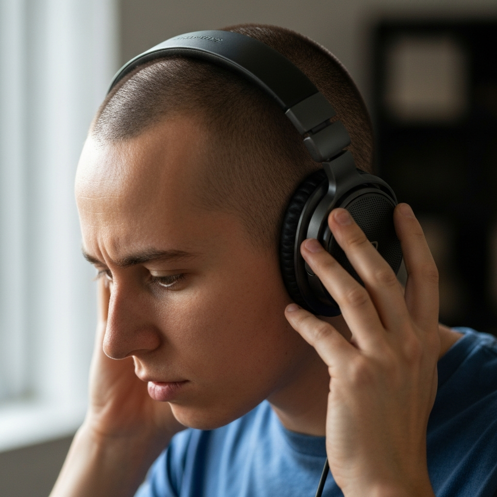 Person listening to a voice recording on headphones.