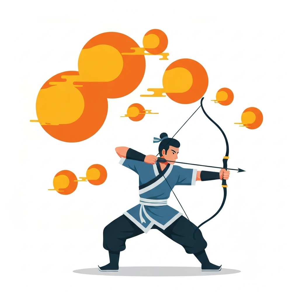 Hou Yi aiming his bow and arrow at the suns.