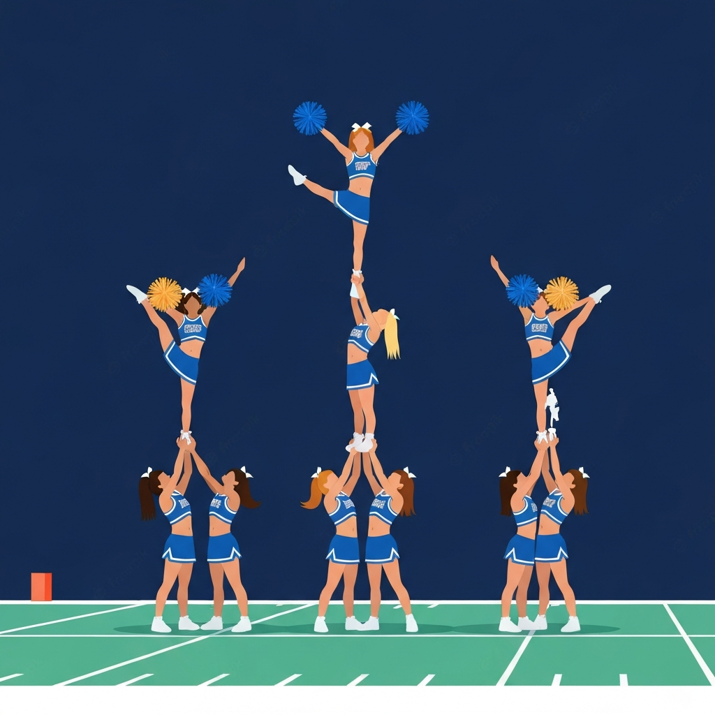 Cheerleaders performing a stunt during a football game