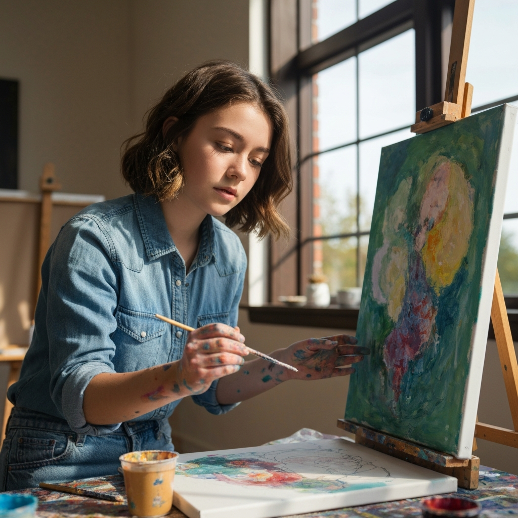 Teenager engaging in creative activities, like drawing or painting.