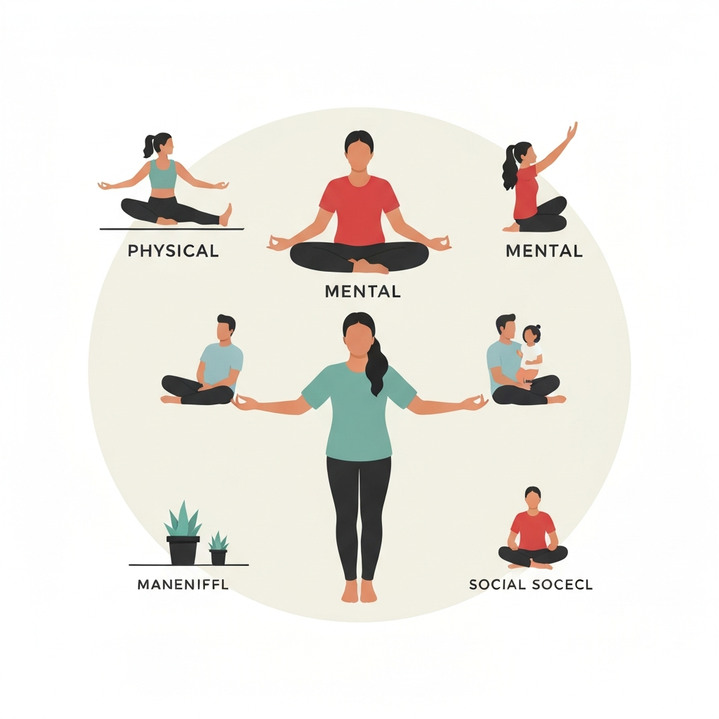 Illustration of a person balancing different aspects of health - physical, mental, and social.