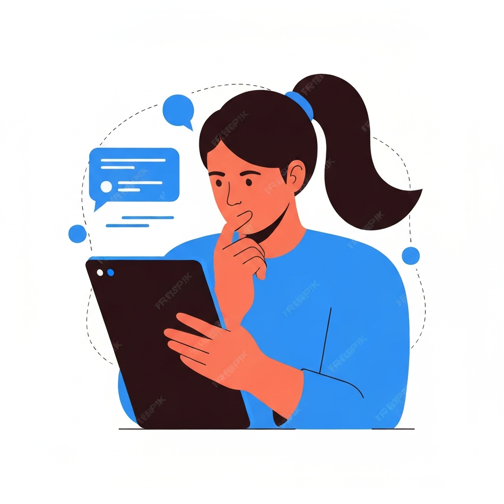 Image of a person thoughtfully answering questions on a tablet.