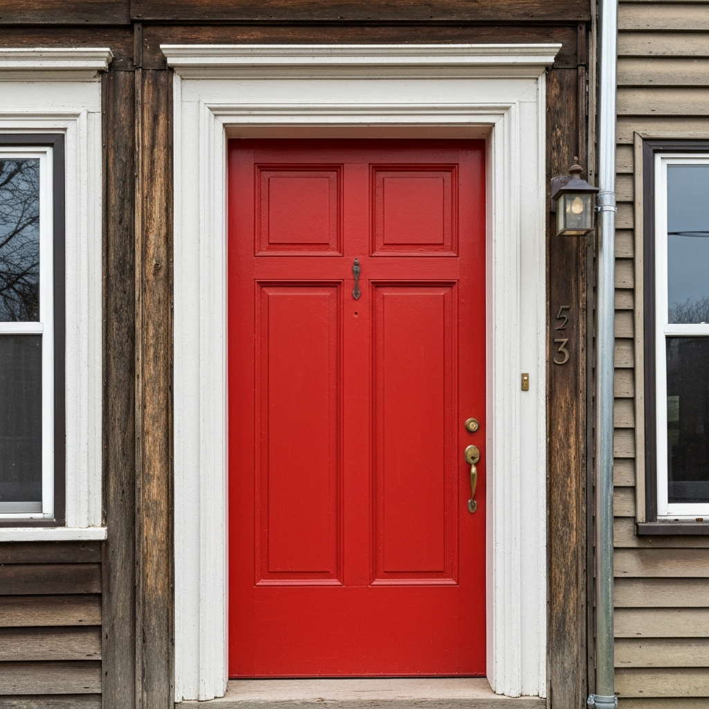 A red door on a historic home, symbolizing a welcoming atmosphere.