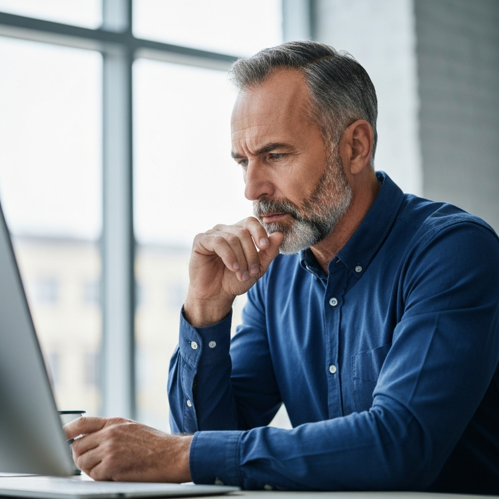 Person thoughtfully considering options on a screen
