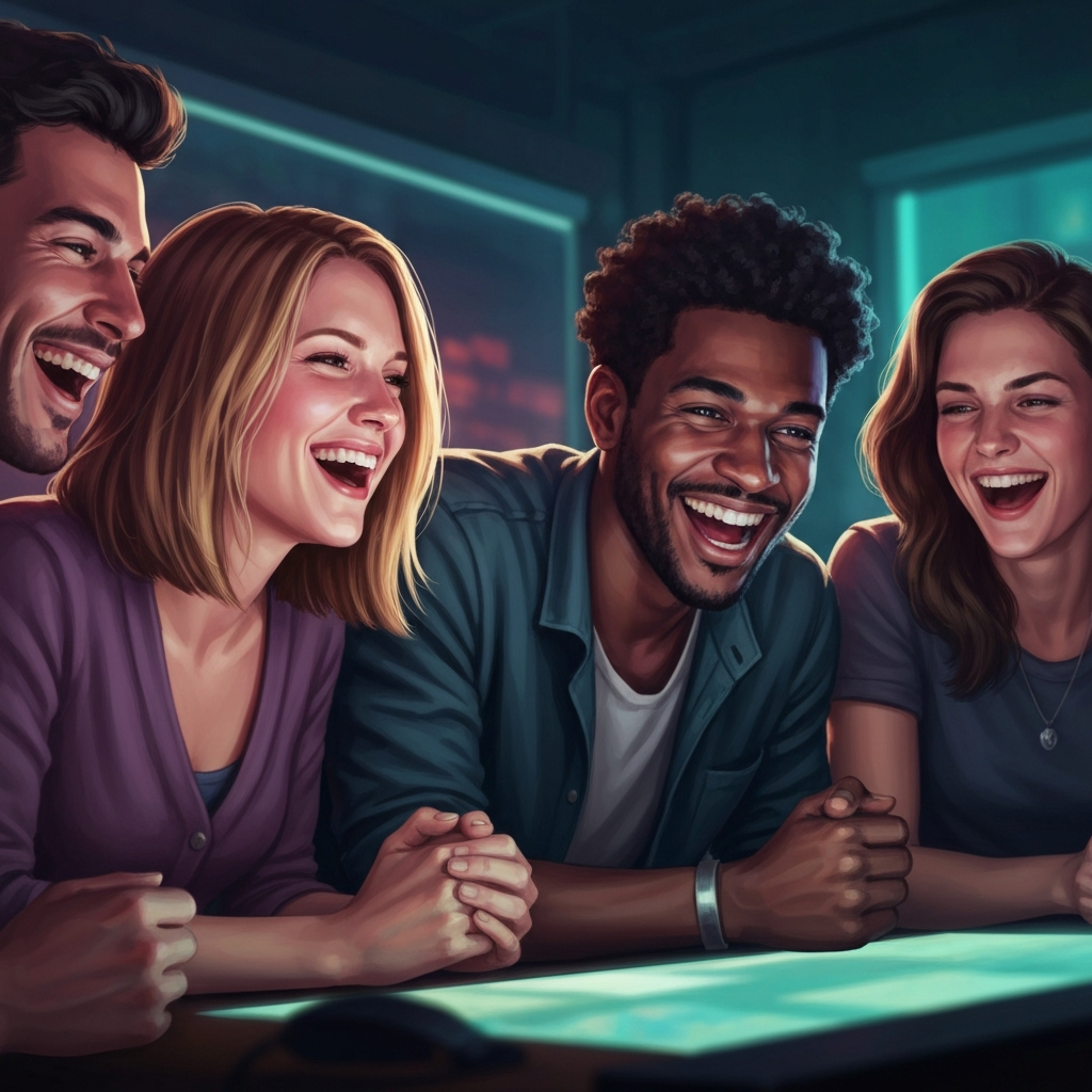 Friends laughing and talking while sharing a screen