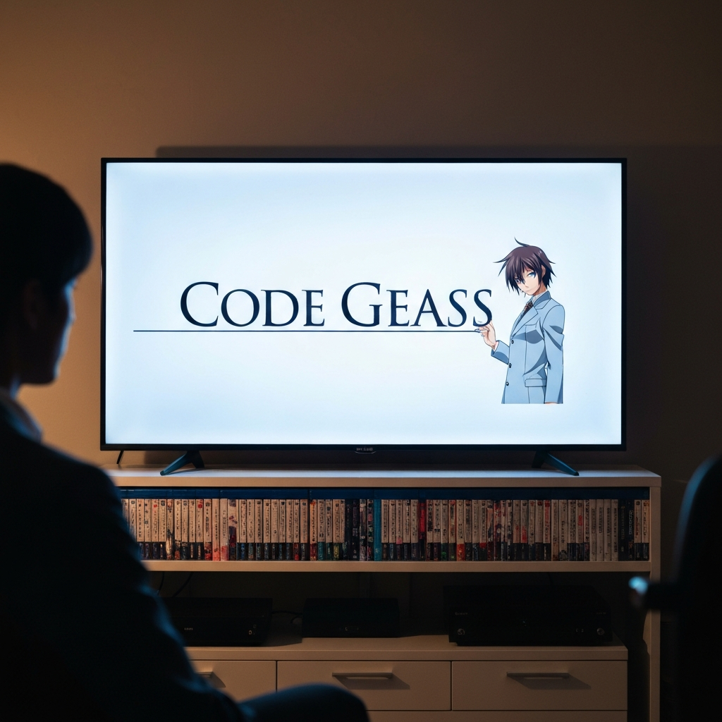 A brightly lit home entertainment setup with a large TV screen displaying the Code Geass logo. Soft bokeh highlights the Blu-ray cases of the various installments neatly arranged on a shelf beneath the TV.