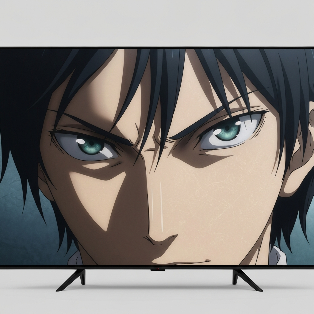 A close-up shot of a television screen, highlighting the expressive eyes of Lelouch Lamperouge. The lighting is dramatic, emphasizing the character's cunning and resolve. Textures on the screen add depth.