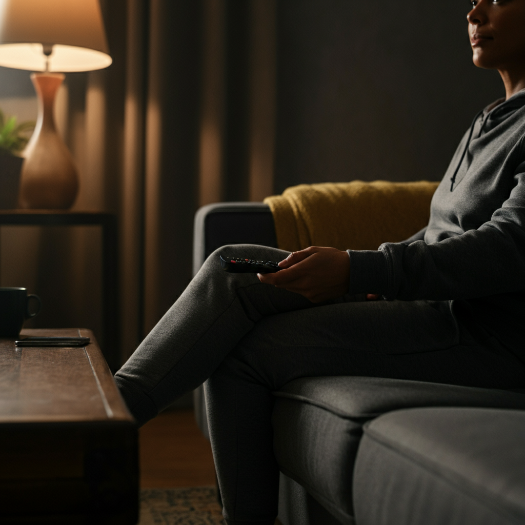 A person sitting comfortably on a couch, holding a remote control. The room is dimly lit, with soft ambient light coming from a nearby lamp. The focus is on the relaxed posture, suggesting an enjoyable viewing experience.