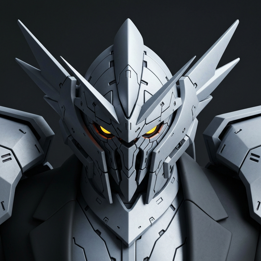 A detailed close-up of a "Knightmare Frame" mecha from Akito the Exiled, showcased in a digital art piece. Soft, diffused lighting emphasizes the metallic texture and intricate details of the design.