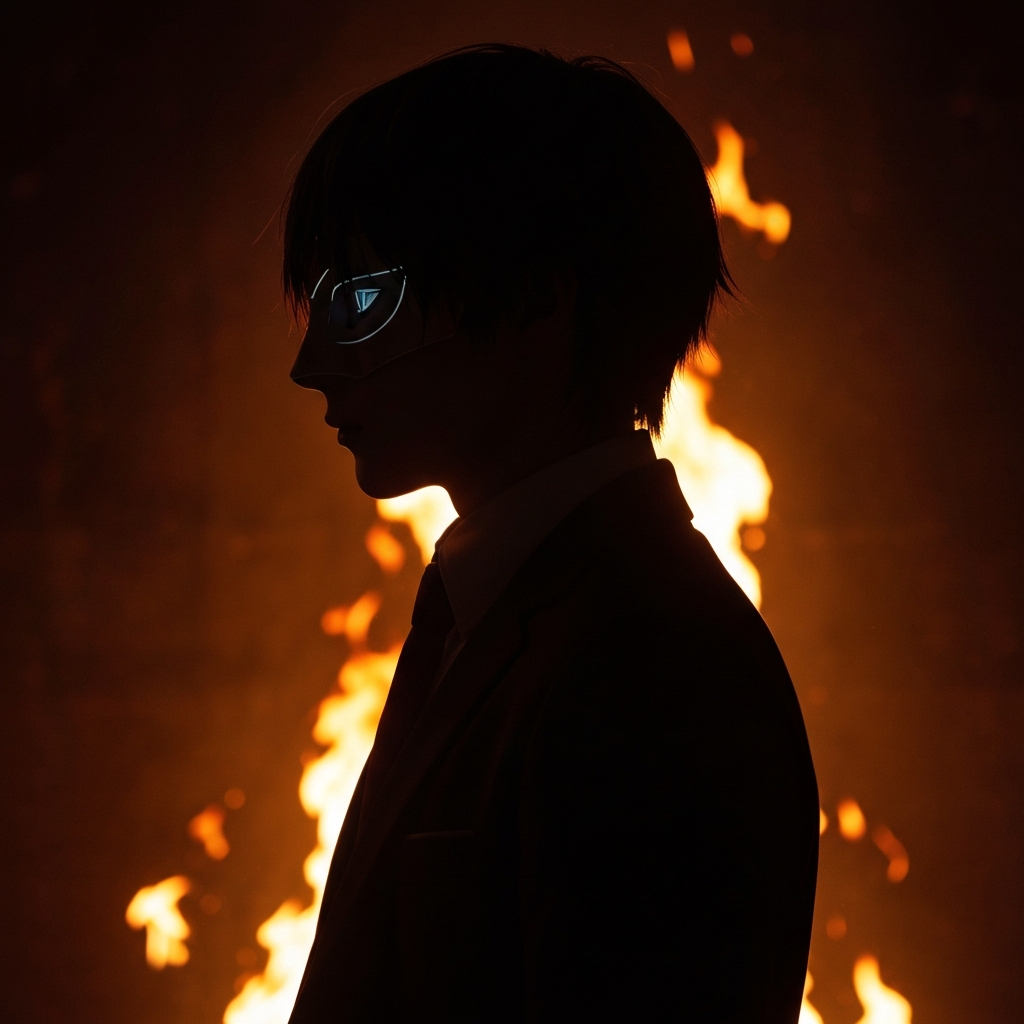 A profile shot of Lelouch in his Zero persona, silhouetted against a backdrop of flickering flames. The lighting is dramatic, emphasizing his masked identity and the destructive nature of his rebellion.