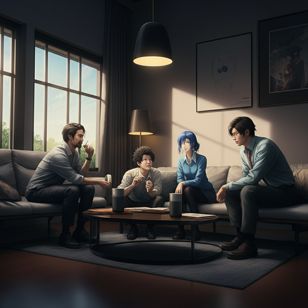 A group of friends gathered around a coffee table, engaging in a lively discussion about anime. Natural lighting illuminates their faces as they share their thoughts and opinions.