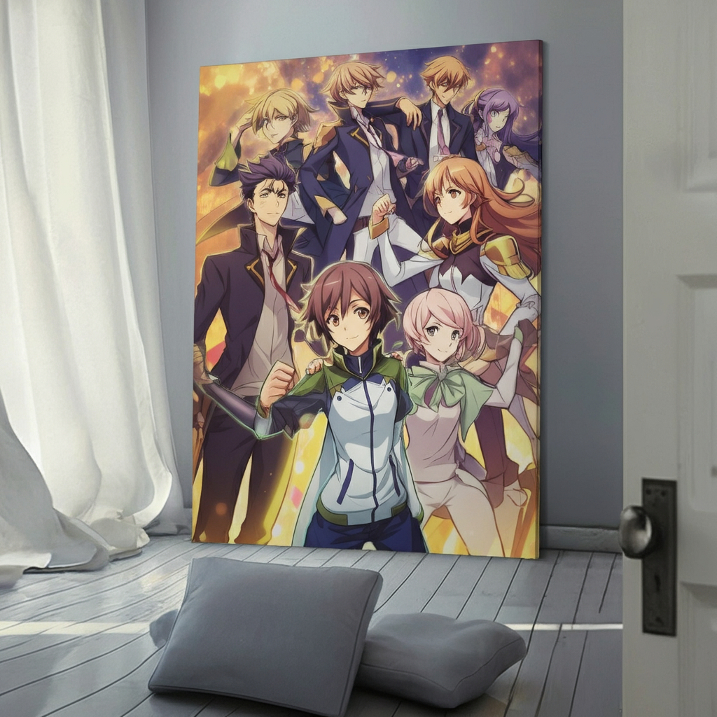 A brightly colored anime poster displayed on a wall. The poster showcases various characters from Code Geass in celebratory poses, conveying a cheerful and festive atmosphere.