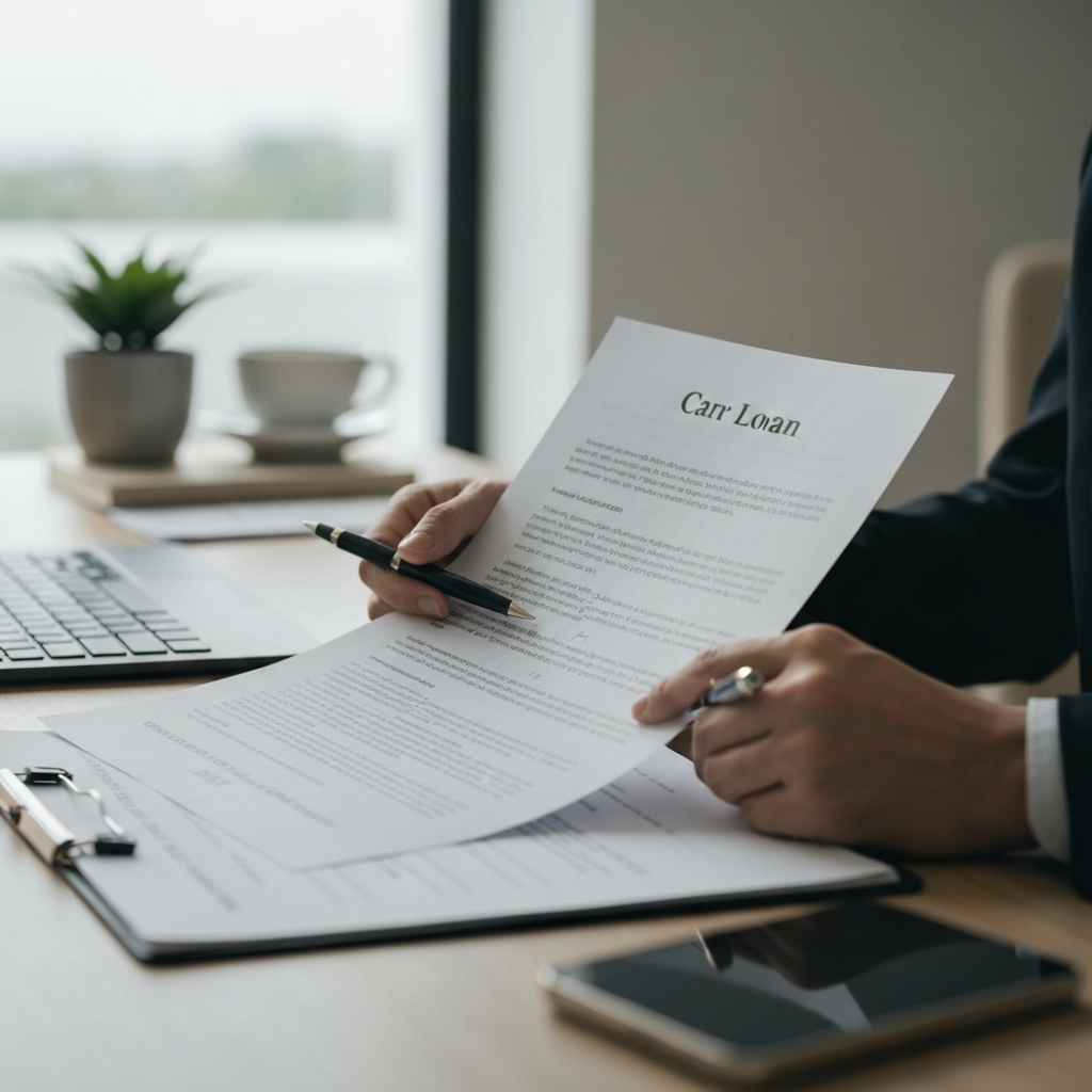 A person at a desk, reviewing financial documents related to a car loan. The scene is well-lit, with a soft, professional ambiance. The focus is on the hands holding the paperwork and the financial instruments.