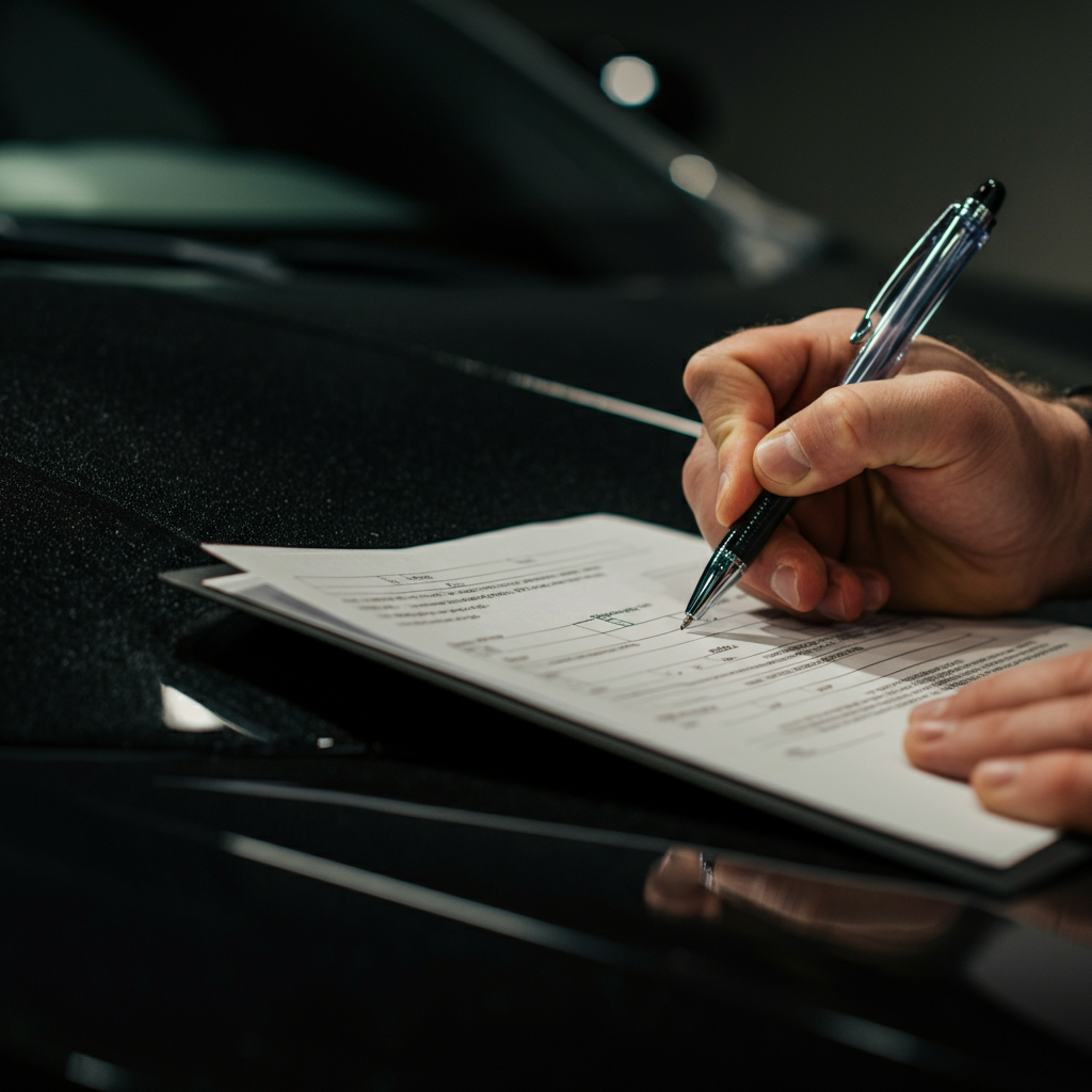 Hands filling out the back of a car title with a pen. The background is intentionally blurred, bringing focus to the process of writing on the document. The lighting is soft and even, emphasizing the textures of the paper and the pen.