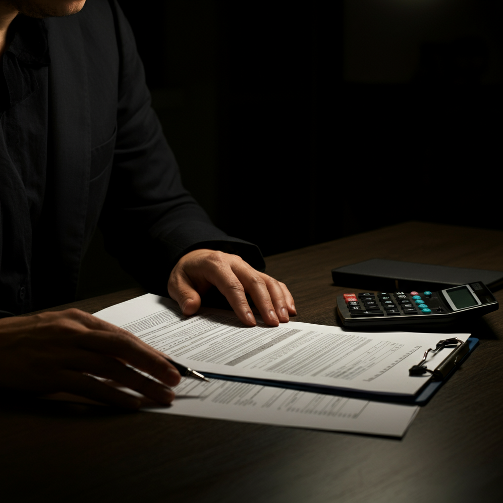 A person sitting at a desk, reviewing tax documents with a calculator nearby. The atmosphere is professional and serious. The lighting is warm and inviting, suggesting trustworthiness and expertise.