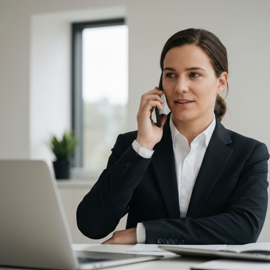 A person on the phone with their insurance provider, discussing car insurance options. The lighting is bright and professional, suggesting a business environment.