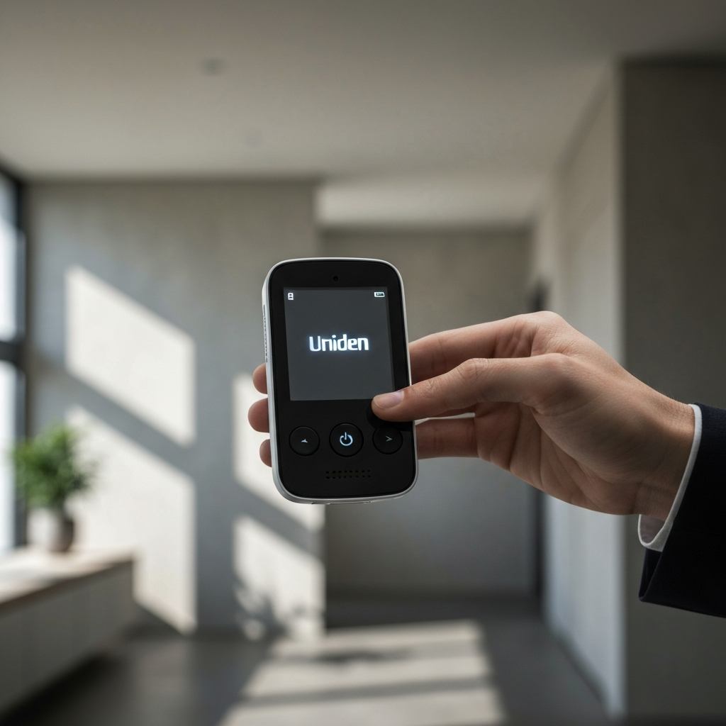 A hand holding a Uniden HomePatrol device, pressing the power button. The device screen is illuminated with the Uniden logo. The background is slightly blurred to focus on the device and the hand.