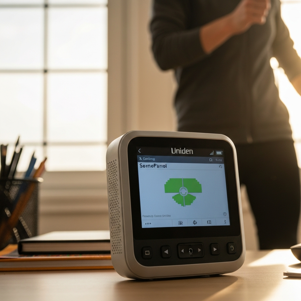 A Uniden HomePatrol device sitting on a desk, with its screen displaying scanning activity. Soft bokeh in the background showing office supplies. Natural window light illuminates the scene.
