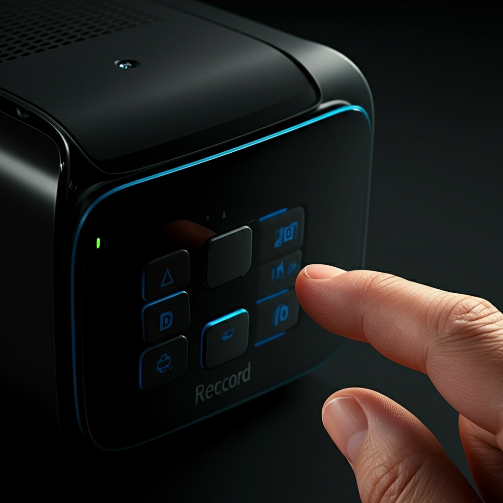 A finger pressing the "Record" button on a Uniden HomePatrol device. The device is side-lit, highlighting the texture of the buttons and casing. The finger is clean and well-manicured.