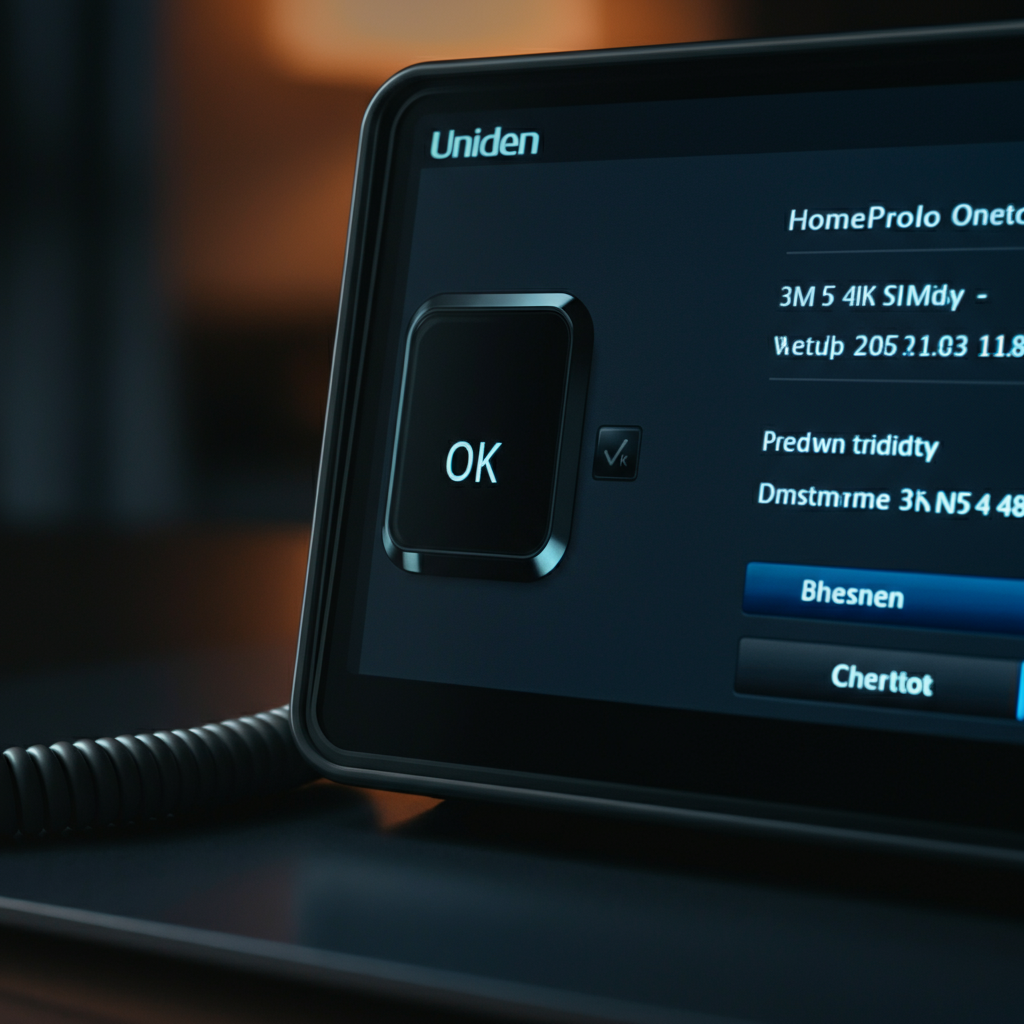 The screen of a Uniden HomePatrol showing the "OK" button highlighted within a dialog box. The lighting is soft and even, showcasing the clarity of the screen display.