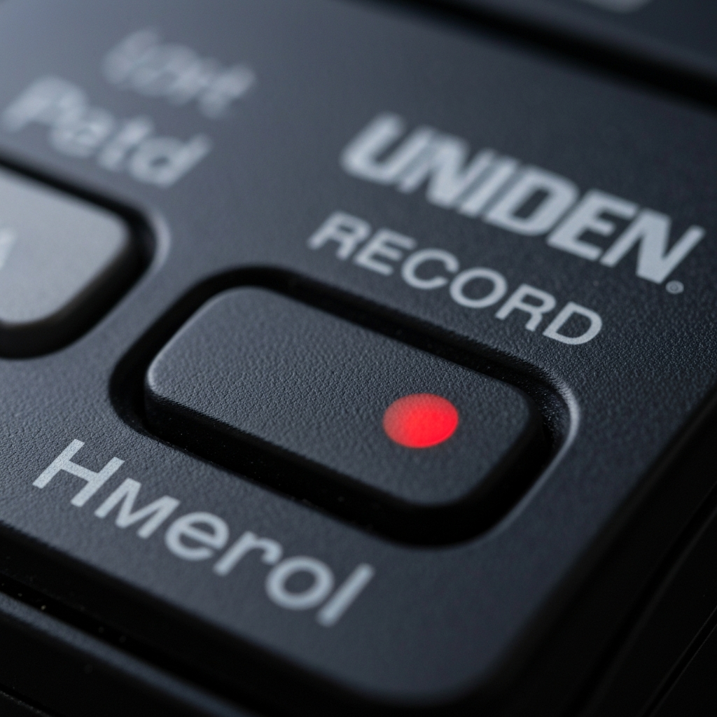Close-up of the "Record" button on a Uniden HomePatrol, now displaying a red dot. The focus is sharp on the button, with a slightly blurred background. The lighting is subdued, emphasizing the red color.