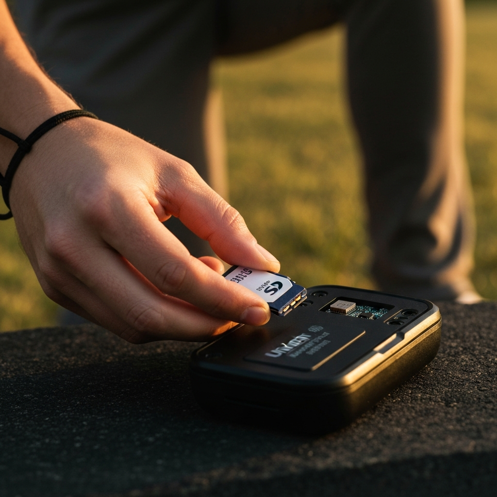 A hand removing the SD card from a Uniden HomePatrol device. The lighting is focused on the SD card slot, highlighting the delicate components. The hand is wearing a static-free wrist strap.