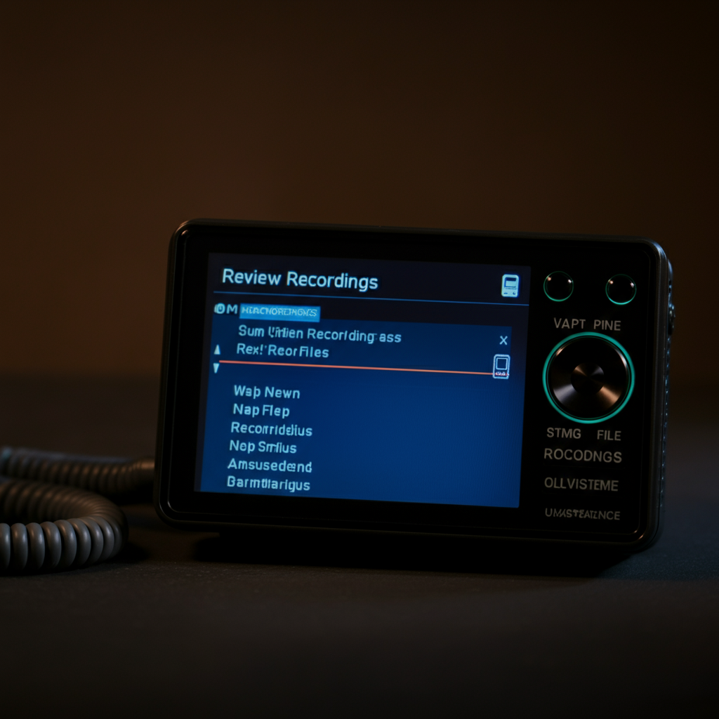 The screen of a Uniden HomePatrol displaying the "Review Recordings" menu. The text is clear and legible, with a list of recorded files visible. Soft, ambient lighting fills the frame.