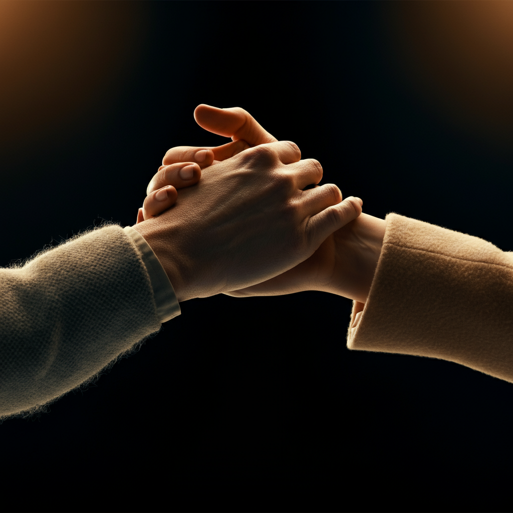A close-up shot of two hands intertwined, subtly out of focus against a background of soft, warm lighting. The texture of the skin is visible, emphasizing the human connection.