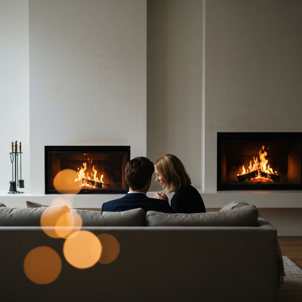 A couple sitting on a cozy couch, bathed in the warm glow of a fireplace. The scene is slightly underexposed, emphasizing the intimate and private moment. Soft bokeh from the fire dances in the background.