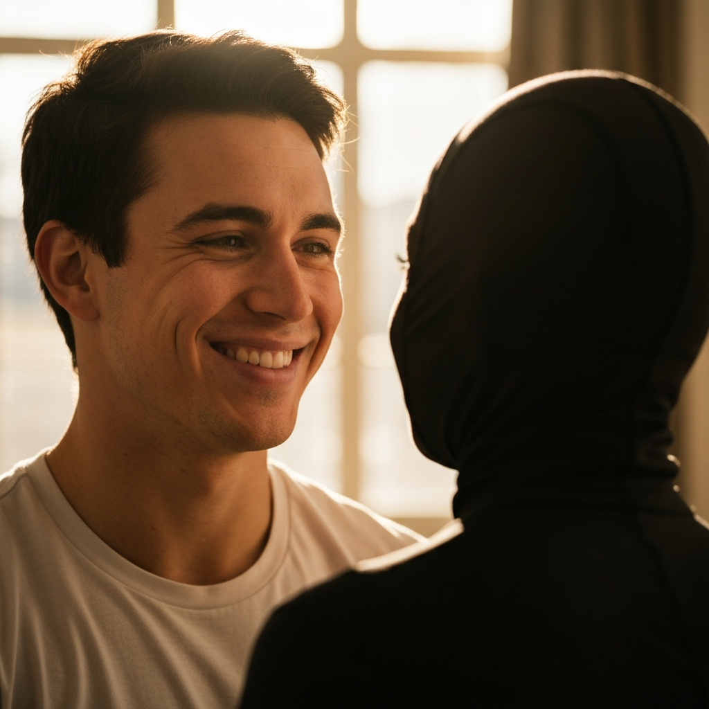 A person smiling warmly at another person, their eyes meeting in a loving gaze. The scene is brightly lit, with natural sunlight streaming in from a window. The background is slightly blurred to focus on the connection between the two individuals.