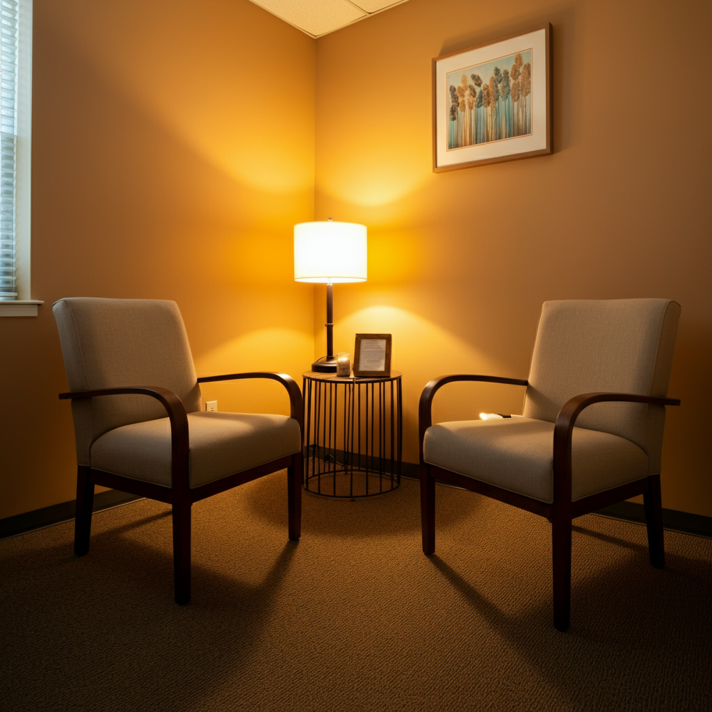 A therapist's office, subtly showcasing a warm and inviting atmosphere. Soft, indirect lighting illuminates the room. The shot focuses on two chairs facing each other, suggesting a conversation taking place.