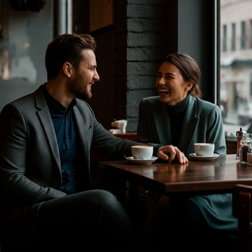 A couple laughing together, sitting at a table in a coffee shop. The scene is captured in natural light, highlighting the genuine joy and connection between them. A soft depth of field blurs the background.