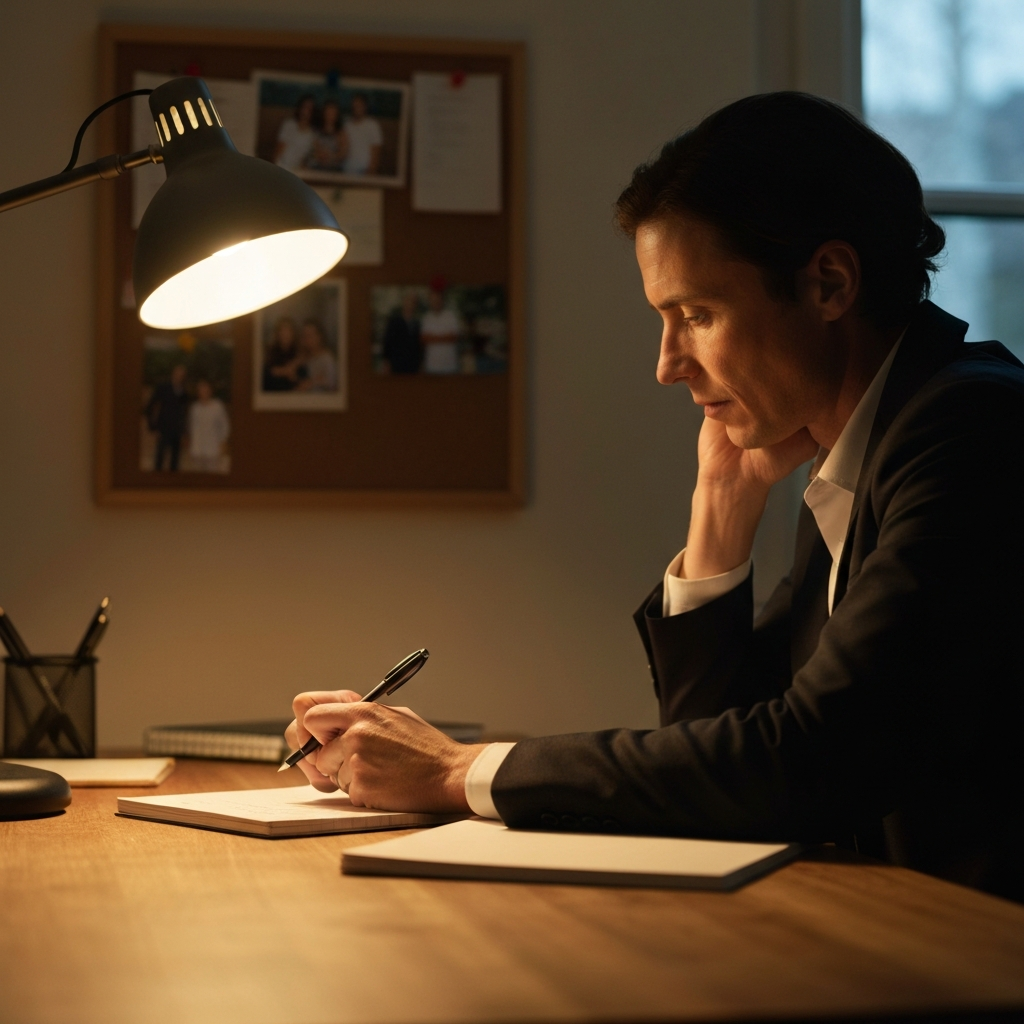 A softly lit study. A person sits at a desk, pen in hand, thoughtfully reviewing notes with family photos visible in the background on a corkboard. Focus on the warm lighting and the texture of the wood desk.
