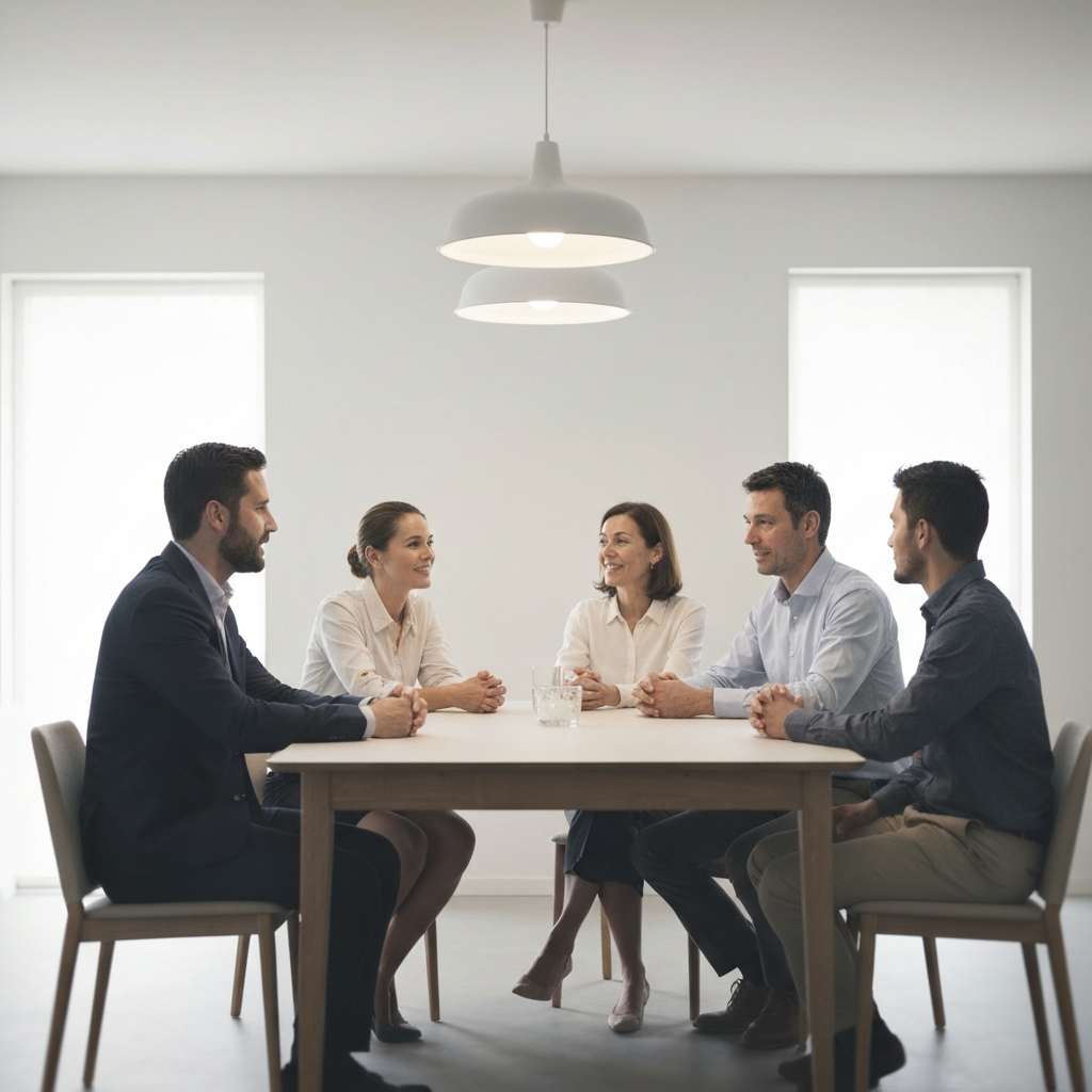 A family is sitting around a dining table, talking calmly. One member is listening intently to another. The lighting is soft, with a slightly blurred background (bokeh). Their body language is open and relaxed.