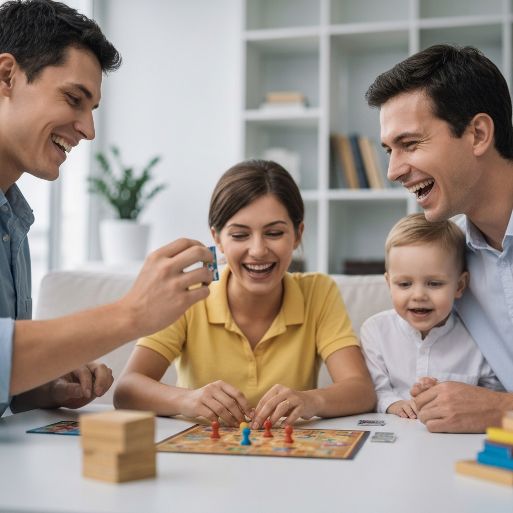 A family is playing a board game together in a brightly lit living room. The focus is on the faces of the family members as they laugh and interact. The background is slightly blurred, emphasizing the activity.