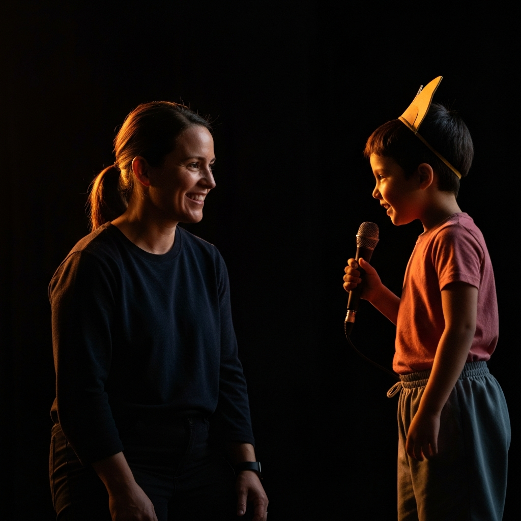 A parent is watching their child perform on stage at a school play. The parent is smiling proudly. The scene is side-lit, highlighting the child's face and costume.