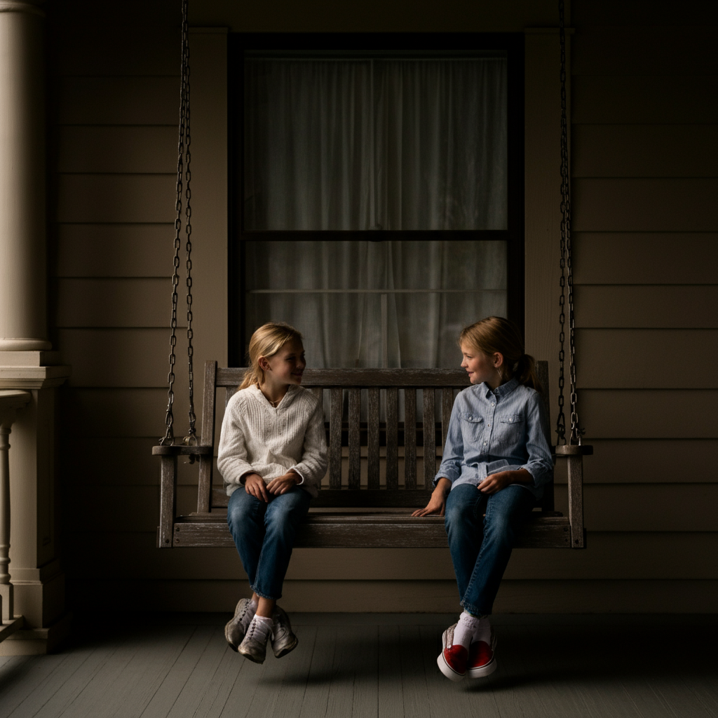 Two siblings are sitting side-by-side on a porch swing, talking and laughing. The lighting is soft and warm, creating a nostalgic feel. The texture of the wooden swing is visible.