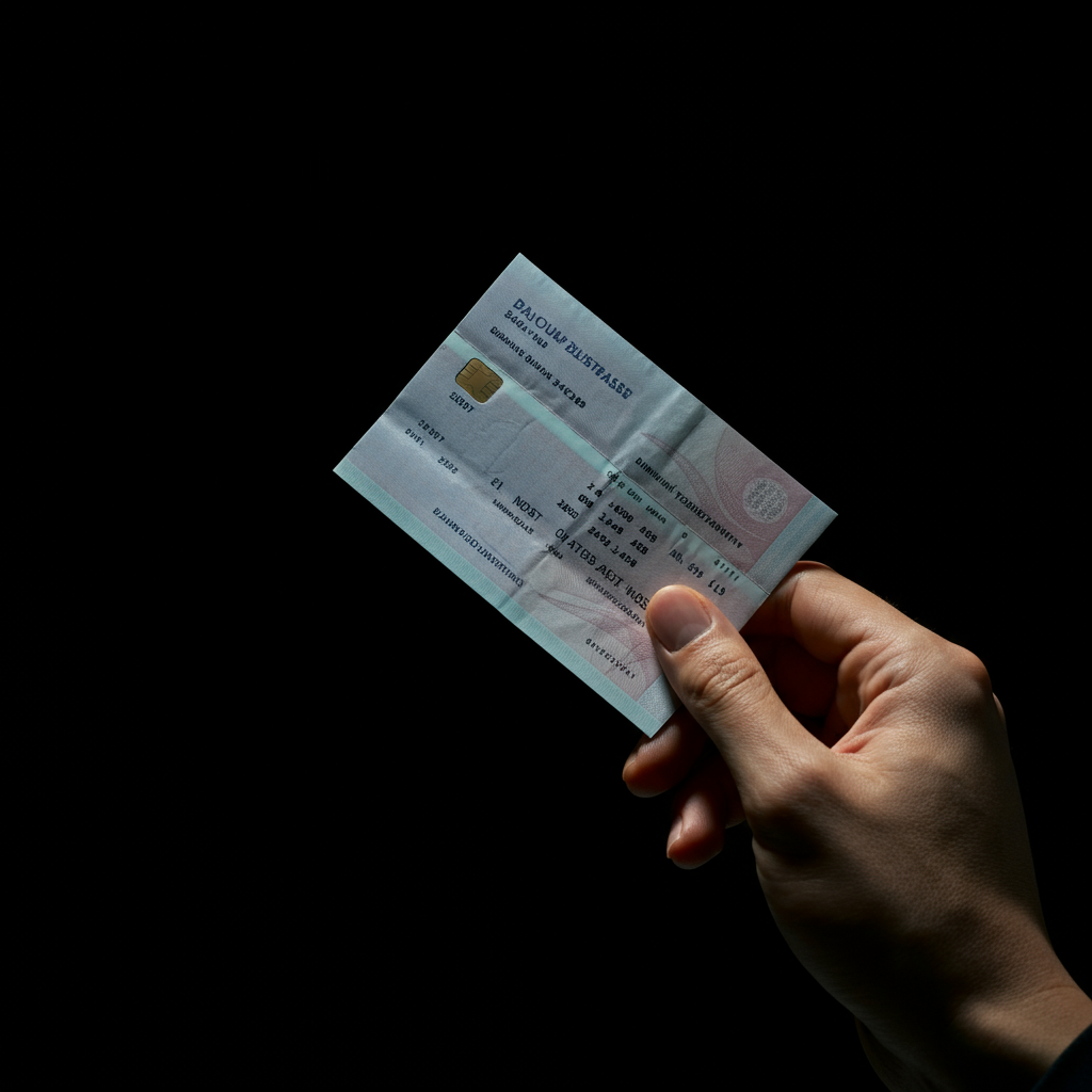 Close-up shot of a hand holding a bank statement, subtly side-lit, showing embossed account details and a neutral background.