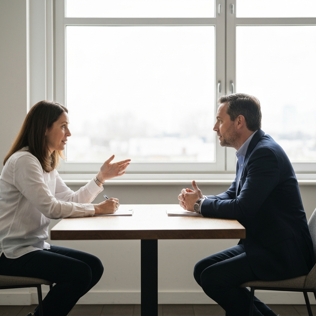 Medium shot of two people sitting at a table, engaged in a conversation. Soft, diffused light streams in from a window behind them.