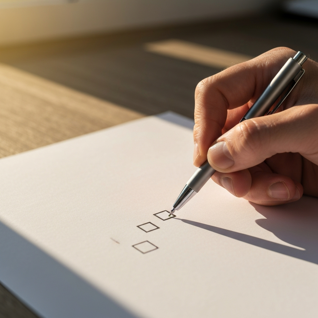 A hand carefully crossing off items on a checklist, using a modern-looking pen on crisp white paper. Natural light illuminates the scene, creating subtle shadows.