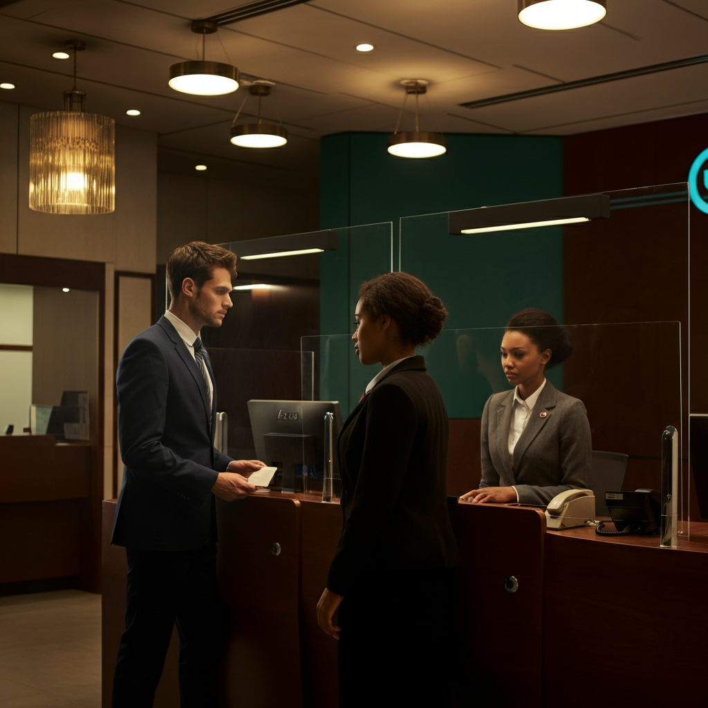 Interior of a bank branch, softly lit with diffused ceiling lights. A bank teller is assisting a customer, separated by a glass barrier.