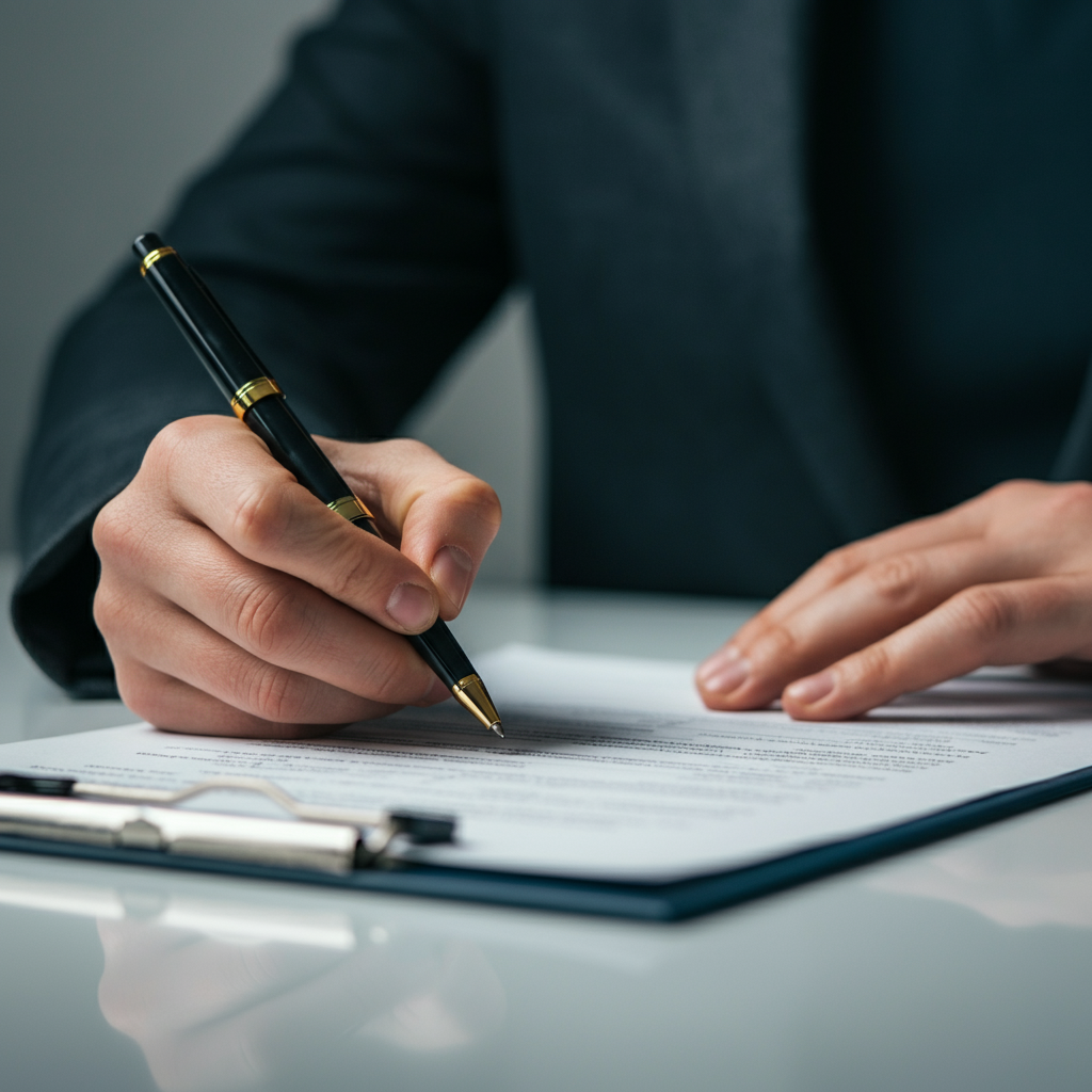 Close-up shot of a hand carefully filling out a form with a ballpoint pen. The form is placed on a clean desk, with soft, natural lighting from a nearby window.