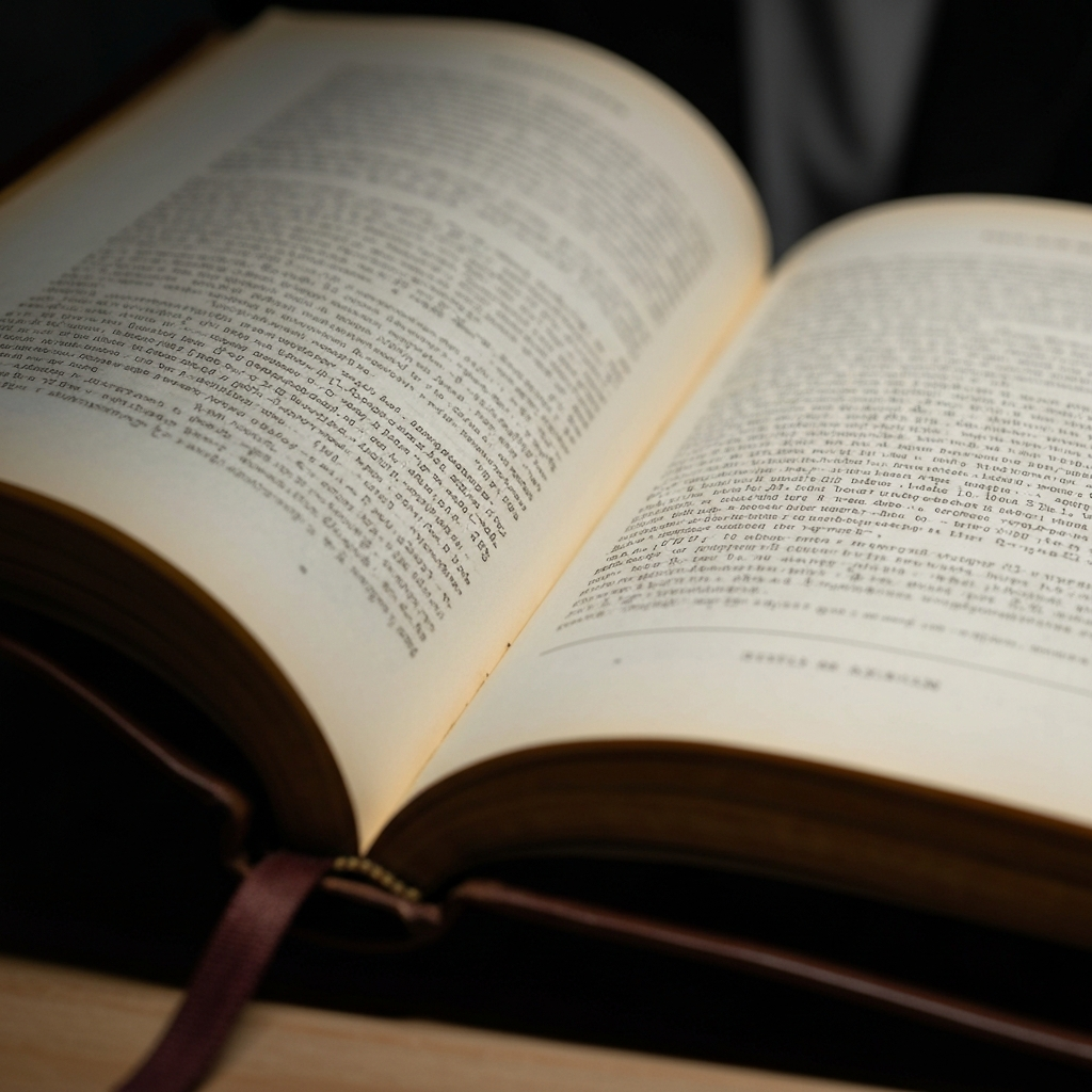 A close-up shot of a worn, leather-bound etymology dictionary open to a page filled with ancient languages. Soft, diffused light highlights the textured paper.