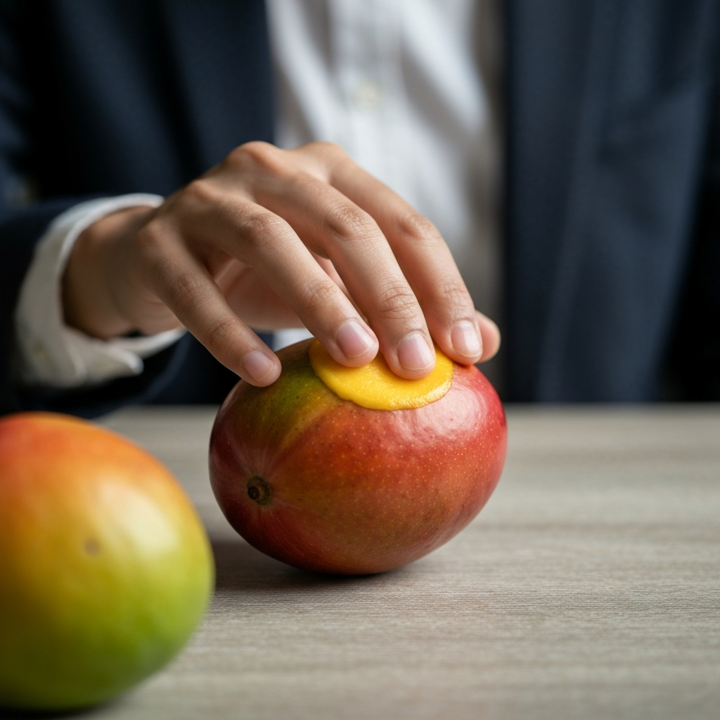 Close-up shot of a hand gently pressing a mango, revealing a slight indentation. Soft, diffused lighting with a shallow depth of field.