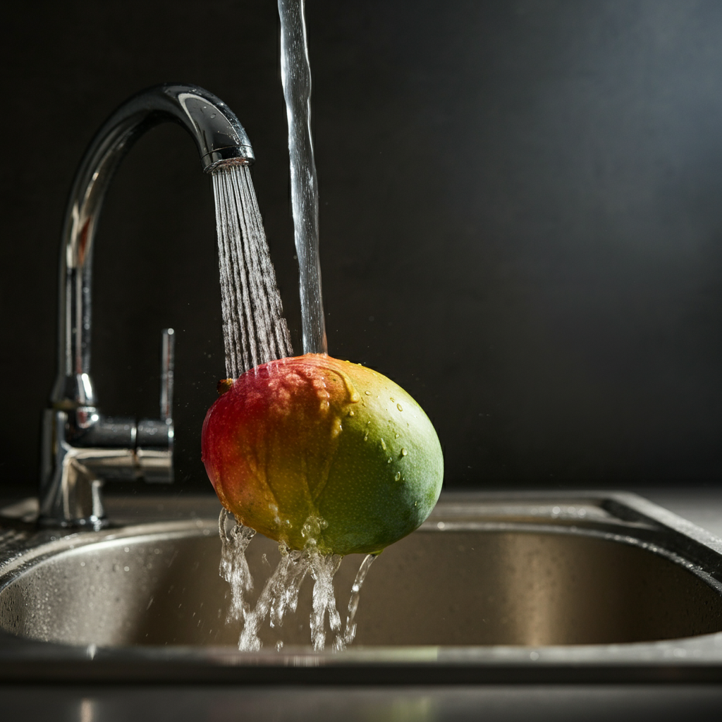 A mango being washed under a stream of clear water in a stainless steel sink. Bright, even lighting highlighting the water droplets on the mango's skin.