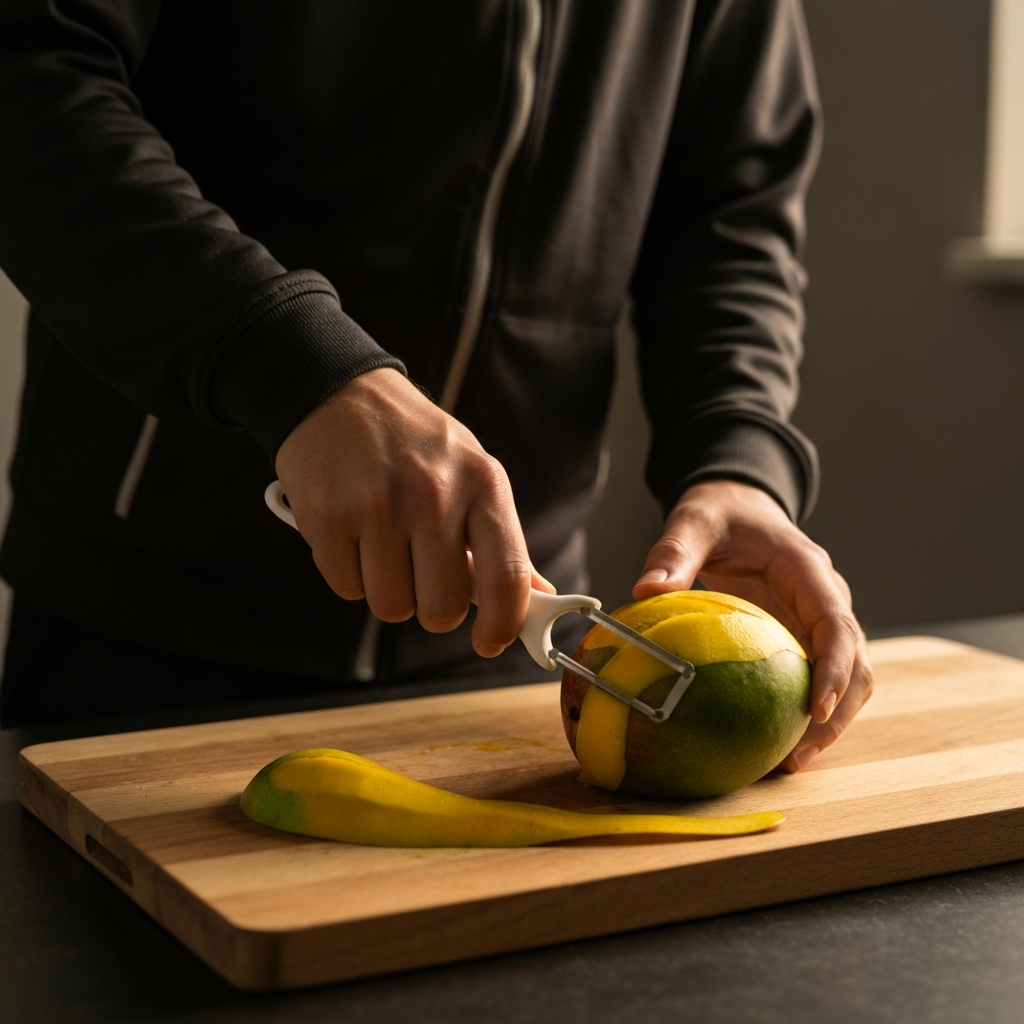 Hands using a vegetable peeler to peel a mango over a wooden cutting board. Side-lit with natural light emphasizing the texture of the mango skin and the peeler.