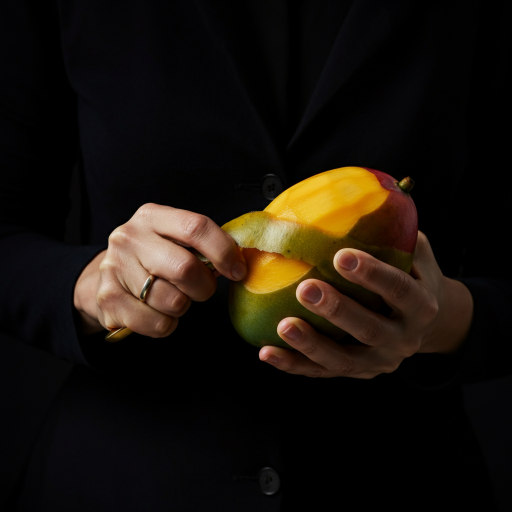 Person peeling a mango like a banana, holding the fruit in one hand and peeling with the other. Warm, natural lighting highlighting the vibrant color of the mango flesh.