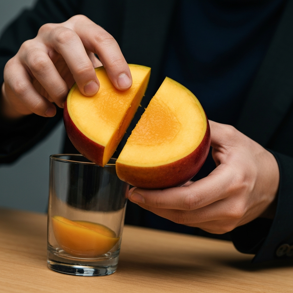 A halved mango being pressed against the rim of a glass, separating the flesh from the skin. Close-up shot with shallow depth of field, focusing on the point of separation.
