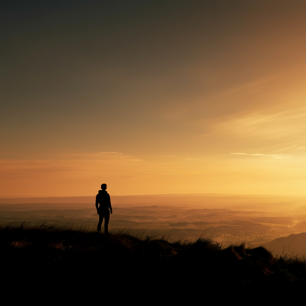 A silhouette of a person standing on a hilltop, gazing out at a vast landscape. The sky is filled with soft, golden hour lighting, creating a sense of endless possibilities and freedom.