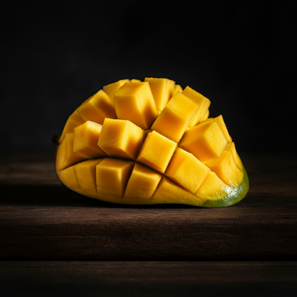 A mango half scored in a criss-cross pattern and inverted, resembling a hedgehog. Golden hour lighting casting long shadows and highlighting the texture of the mango.